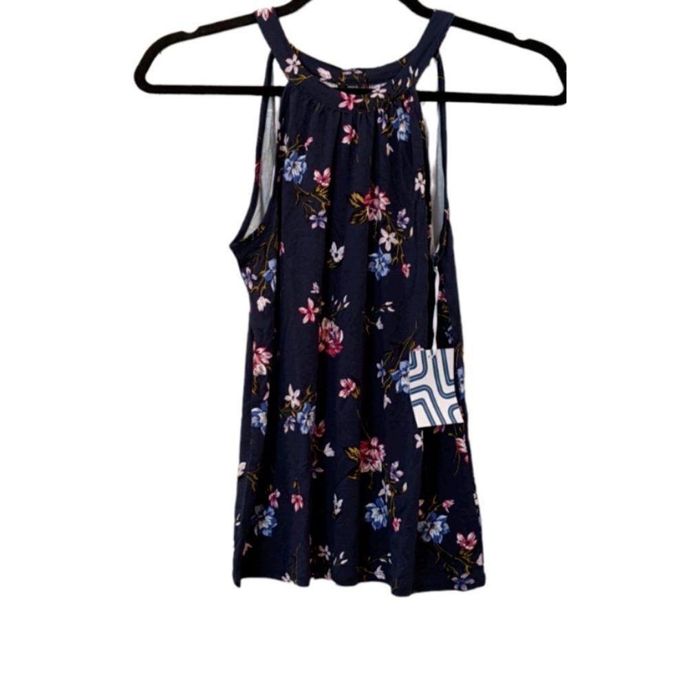 Market & Spruce Women's Size Medium Blue Floral High Neck Sleeveless Tank Top